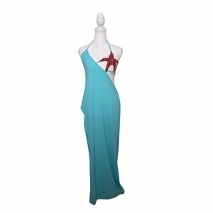 Turquoise Halter Maxi Dress with Red Starfish Detail